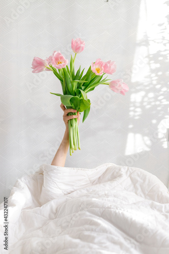 good morning pink tulips in a woman s hand in bed  birthday greetings  international women s day  valentine s day  gift  flowers  pink bouquet  spring tulips  surprise