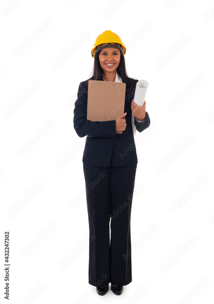 Full length of asian smiling woman architect holding blueprints and clipboard. Isolated portrait of woman engineer