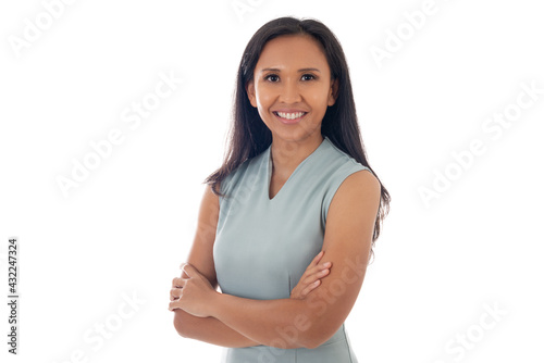 Portrait of asian caucasian young business woman with crossed arms isolated on white background