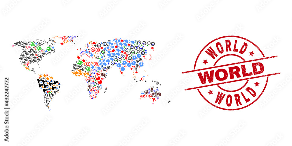 World map mosaic and textured World red round badge. World badge uses vector lines and arcs. World map collage contains helmets, homes, showers, bugs, men, and more pictograms.