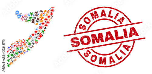Somalia map mosaic and distress Somalia red round stamp. Somalia stamp uses vector lines and arcs. Somalia map collage includes helmets, homes, lamps, suns, stars, and more pictograms.