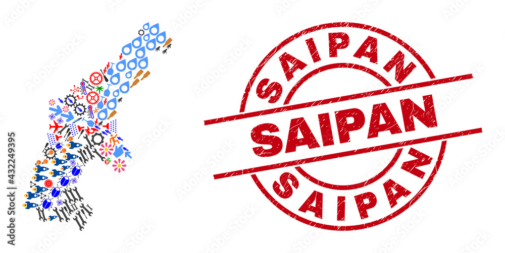 Saipan Island map collage and distress Saipan red round stamp print