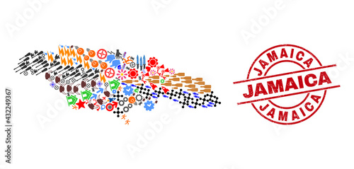 Jamaica map mosaic and Jamaica red circle stamp seal. Jamaica seal uses vector lines and arcs. Jamaica map collage includes helmets, homes, screwdrivers, bugs, men, and more pictograms.