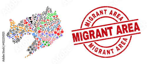 Liaoning Province map collage and distress Migrant Area red round stamp imitation. Migrant Area seal uses vector lines and arcs. Liaoning Province map collage contains gears, houses, screwdrivers,