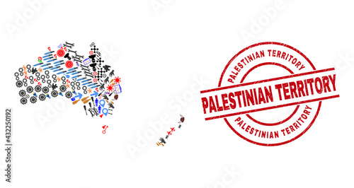 Australia and New Zealand map collage and unclean Palestinian Territory red round stamp print. Palestinian Territory stamp uses vector lines and arcs.