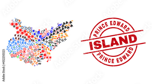 Badajoz Province map collage and Prince Edward Island red round watermark. Prince Edward Island badge uses vector lines and arcs. Badajoz Province map collage contains helmets, houses, screwdrivers,
