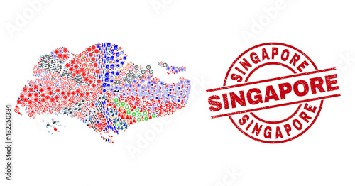 Singapore map collage and distress Singapore red circle stamp imitation. Singapore badge uses vector lines and arcs. Singapore map collage contains gears, houses, lamps, suns, people, and more icons.