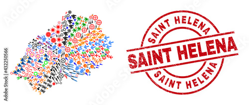 Saint Helena Island map collage and Saint Helena red circle stamp. Saint Helena stamp uses vector lines and arcs. Saint Helena Island map mosaic contains markers, homes, wrenches, bugs, hands,