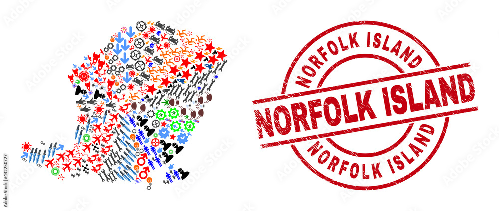 Lombok Island map collage and scratched Norfolk Island red circle seal. Norfolk Island stamp uses vector lines and arcs. Lombok Island map collage includes gears, houses, showers, suns, wine glasses, Lombok Island map collage and scratched Norfolk Island red circle seal. Norfolk Island stamp uses vector lines and arcs. Lombok Island map collage includes gears, houses, showers, suns, wine glasses,