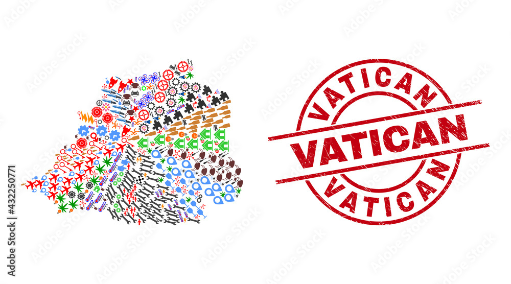 Vatican map collage and rubber Vatican red round badge. Vatican badge