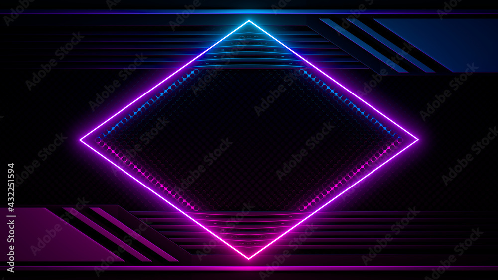 Sci Fy Neon Glowing Lamps On Dark Perforated Wall. Abstract Technology Background. 3D Rendering. Sci Fy Neon Glowing Lamps On Dark Perforated Wall. Abstract Technology Background. 3D Rendering.