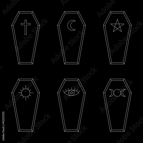 Line art illustrations of coffins with cross, crescent moons, stars, sun, and evil eye