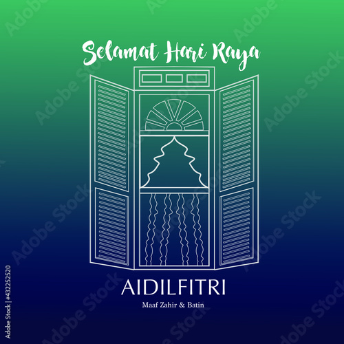 Selamat Hari Raya Aidilfitri vector illustration with image traditional malay village house or Kampung window. Fasting Celebration.