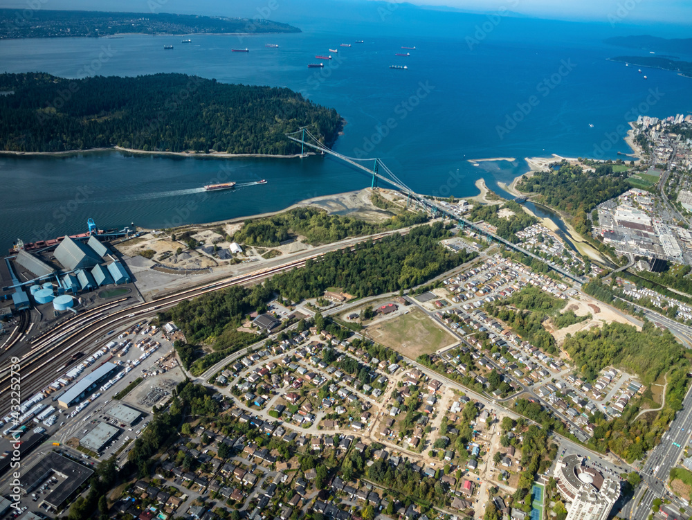 Stock aerial photo of North Vancouver to Lions Gate Bridge and English Bay, BC, Canada