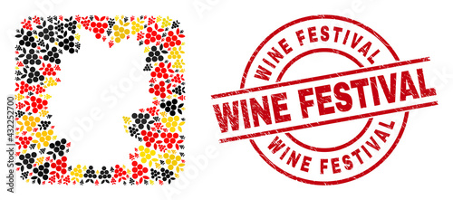 German state map mosaic in Germany flag official colors - red, yellow, black, and scratched Wine Festival red round stamp seal. Wine Festival stamp uses vector lines and arcs.