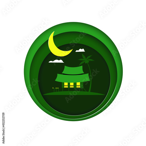 Rumah kampung melayu or malay traditional house on paper cut effect.