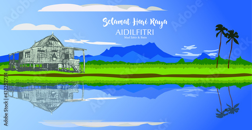 Selamat Hari Raya Aidilfitri or Eid Mubarak vector illustration with traditional malay village house or Kampung with beautiful mountain lanscape .