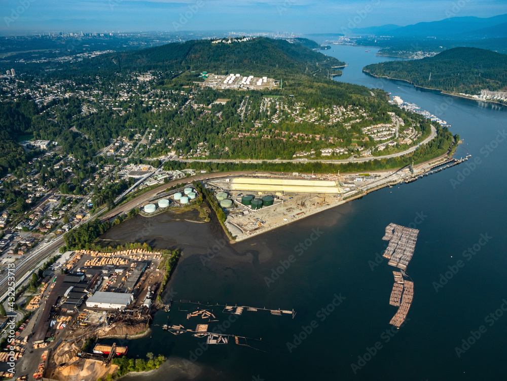 Stock aerial photo of industrial zone Port Moody BC, Canada