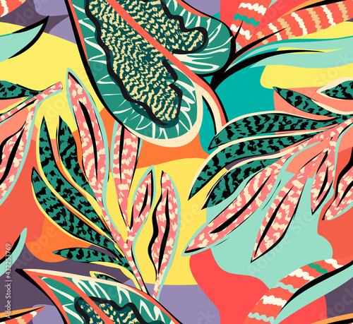 tropical pattern with multicolored hand drawn elements and funny background. leaves pattern