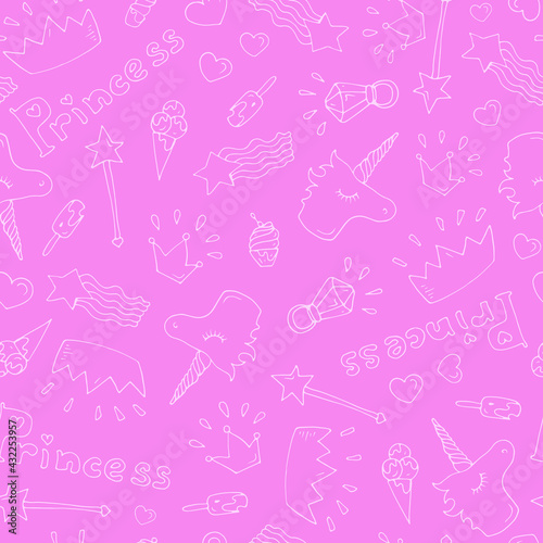 Vector cute pink seamless pattern Princes magic accessories: Crown, unicorn, magic wand, ice cream, diamond ring, star. The fantasy world of girls dreams. Isolated on crimson background  