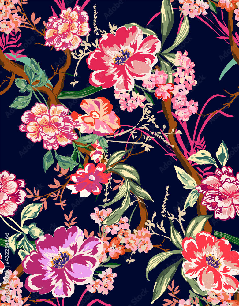 colorful asian style floral pattern. navy blue background Stock Vector ...