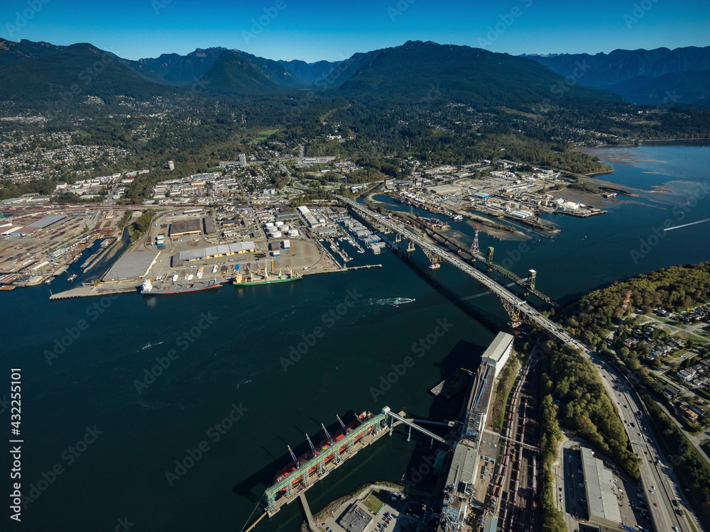 Stock aerial photo of nd Narrows bridge and North Vancouver BC, Canada