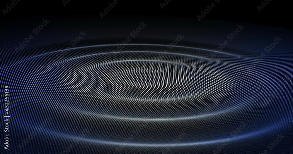 An abstract water animation with ripples forming, made from a grid of dots or particles, over a black background