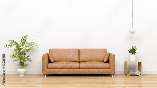 Modern living room interior with Leather sofa and empty white wall as a background.