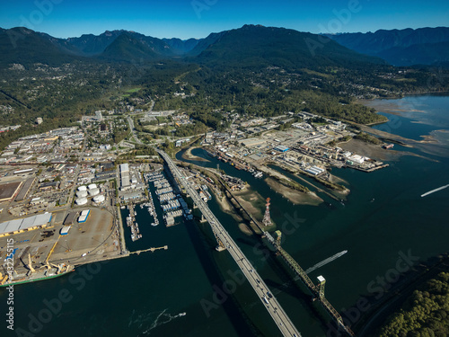 Stock aerial photo of nd Narrows bridge and North Vancouver BC, Canada