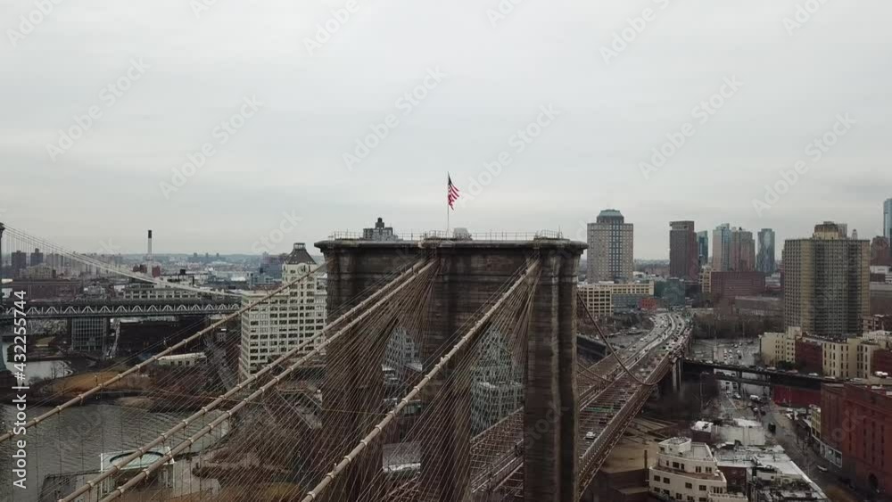 circling over Brooklyn Bridge toward BK buildings in Dumbo and Downtown in New York City NYC circling over Brooklyn Bridge toward BK buildings in Dumbo and Downtown in New York City NYC