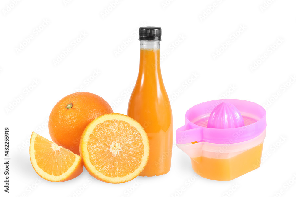 Orange juice and Orange juice squeezer isolated white background,clipping path included. Orange juice and Orange juice squeezer isolated white background,clipping path included.