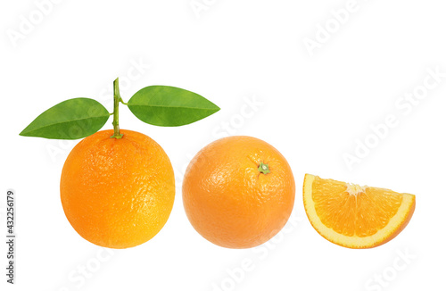 Orange fruit and leaves and Orange with Orange slice isolated on white background, Clipping path included.