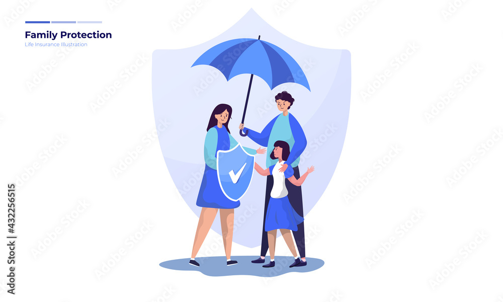 Flat illustration of family life protection by insurance