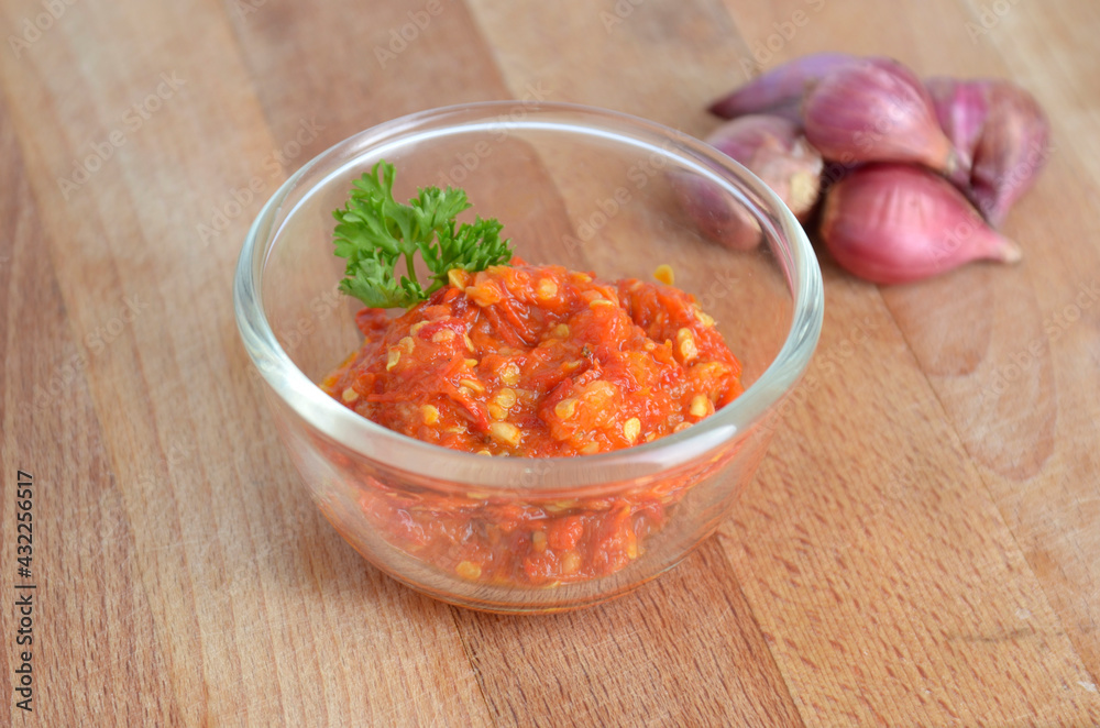 Indonesian Chili sauce or Chili shrimp paste (sambal terasi) , hot spicy and delicious Indonesian Chili sauce or Chili shrimp paste (sambal terasi) , hot spicy and delicious