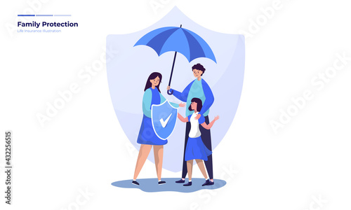 Flat illustration of family life protection by insurance
