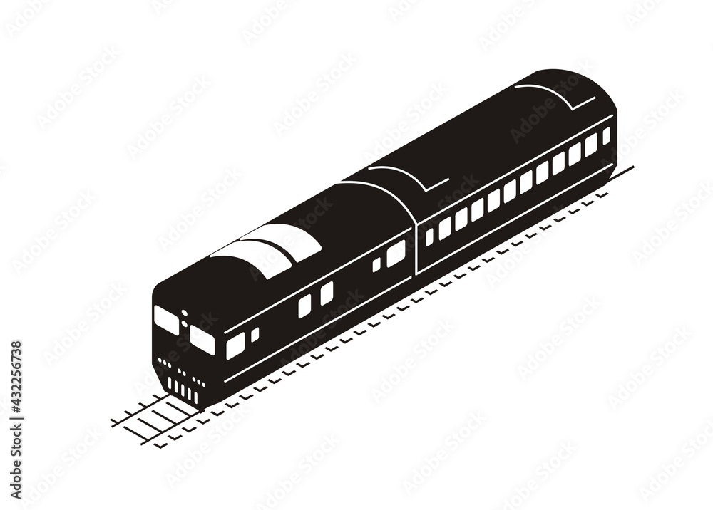 Passenger train in isometric view. Simple illustration in black and white. Passenger train in isometric view. Simple illustration in black and white.