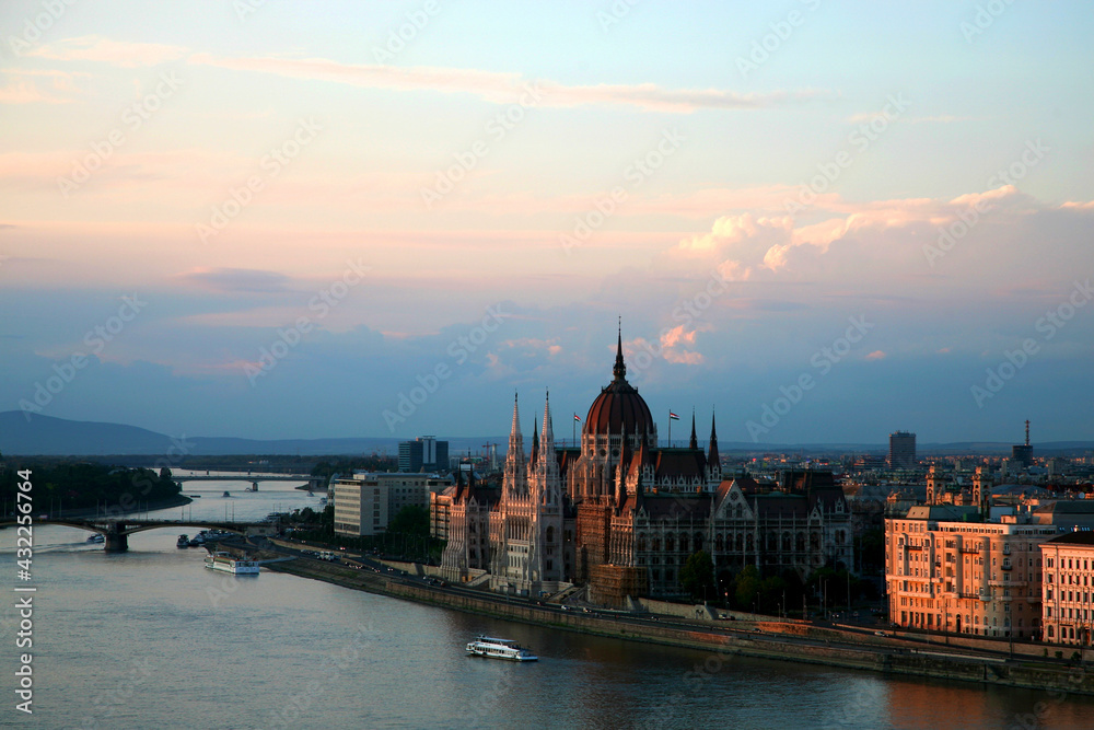 Budapest late afternoon, view on the Chain Bridge over the river Danube, and Parliament Buildings