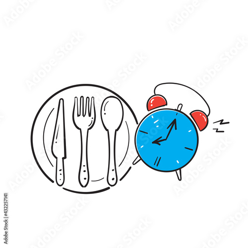 hand drawn doodle spoon and fork with clock symbol for meal time illustration icon