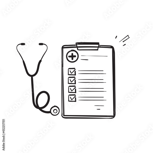 hand drawn doodle clipboard and stethoscope symbol for medical check up illustration vector isolated