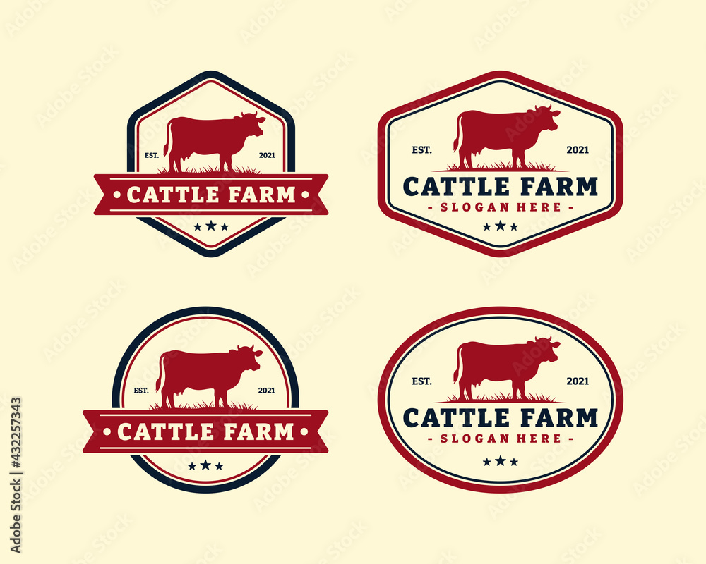 Obraz premium Set of cattle farm logo template design. Vintage black angus badge vector.
