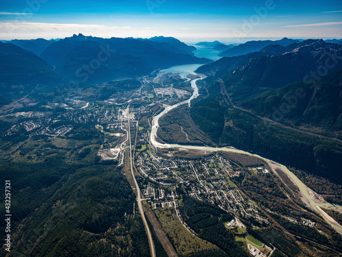 Stock aerial photo of Squamish and surrounding mountains, Canada