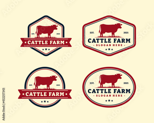 Set of cattle farm logo template design. Vintage black angus badge vector.