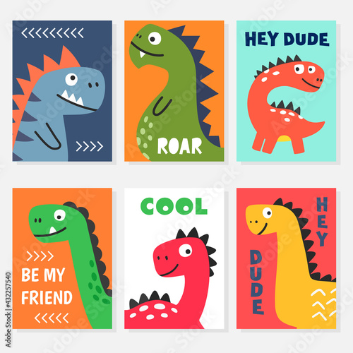 Set of bright colorful vector illustrations with funny friendly smiling cartoon dino characters for t shirt and posters and other printed designs