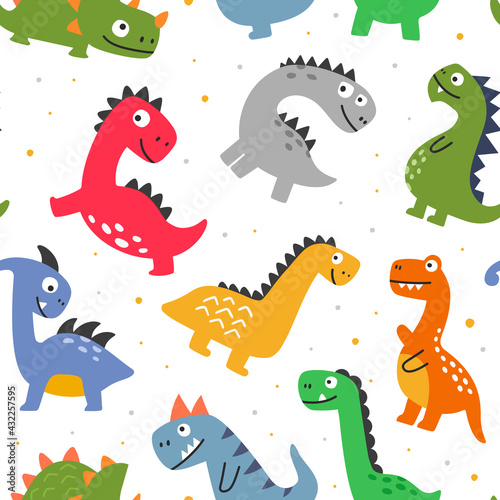 Seamless pattern with funny cheerful cartoon dinosaurs