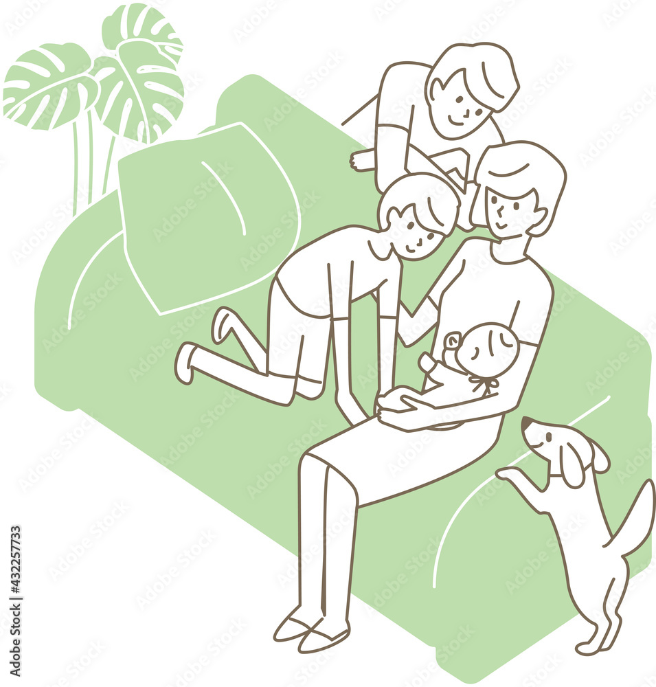 ソファで赤ちゃんを囲む家族。ベクターイラスト