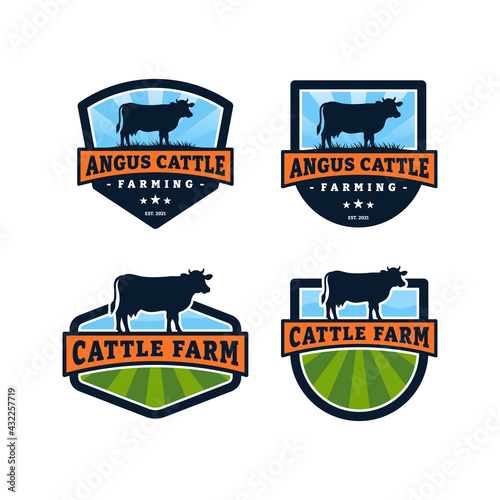 Set of cattle farm logo template design. Vintage black angus badge vector.