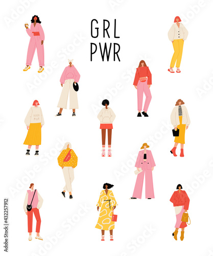 Variety of diverse young modern women standing. Casual city street style fashion outfits. Girl power concept poster. Hand drawn characters colorful vector illustration with text.