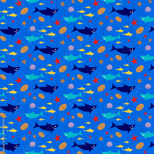 The pattern of sea with fish and seashells. Vector illustration on a blue background. For childrens prints, clothing, packaging, covers and flyers, various decor. 