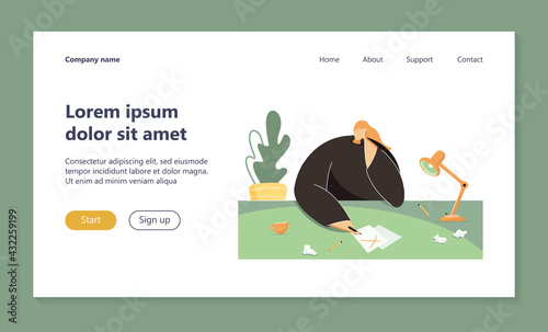 Young woman thinking of work. Female with clean sheet of paper on table, workplace flat vector illustration. Writer block, crisis, freelance concept for banner, website design or landing web page
