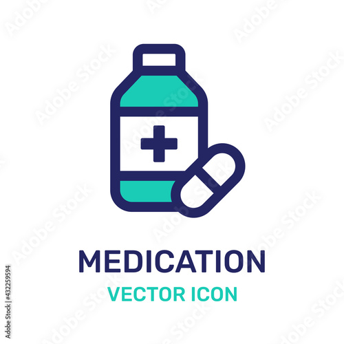 Medication and pharmaceutical treatment vector. Medical icon.